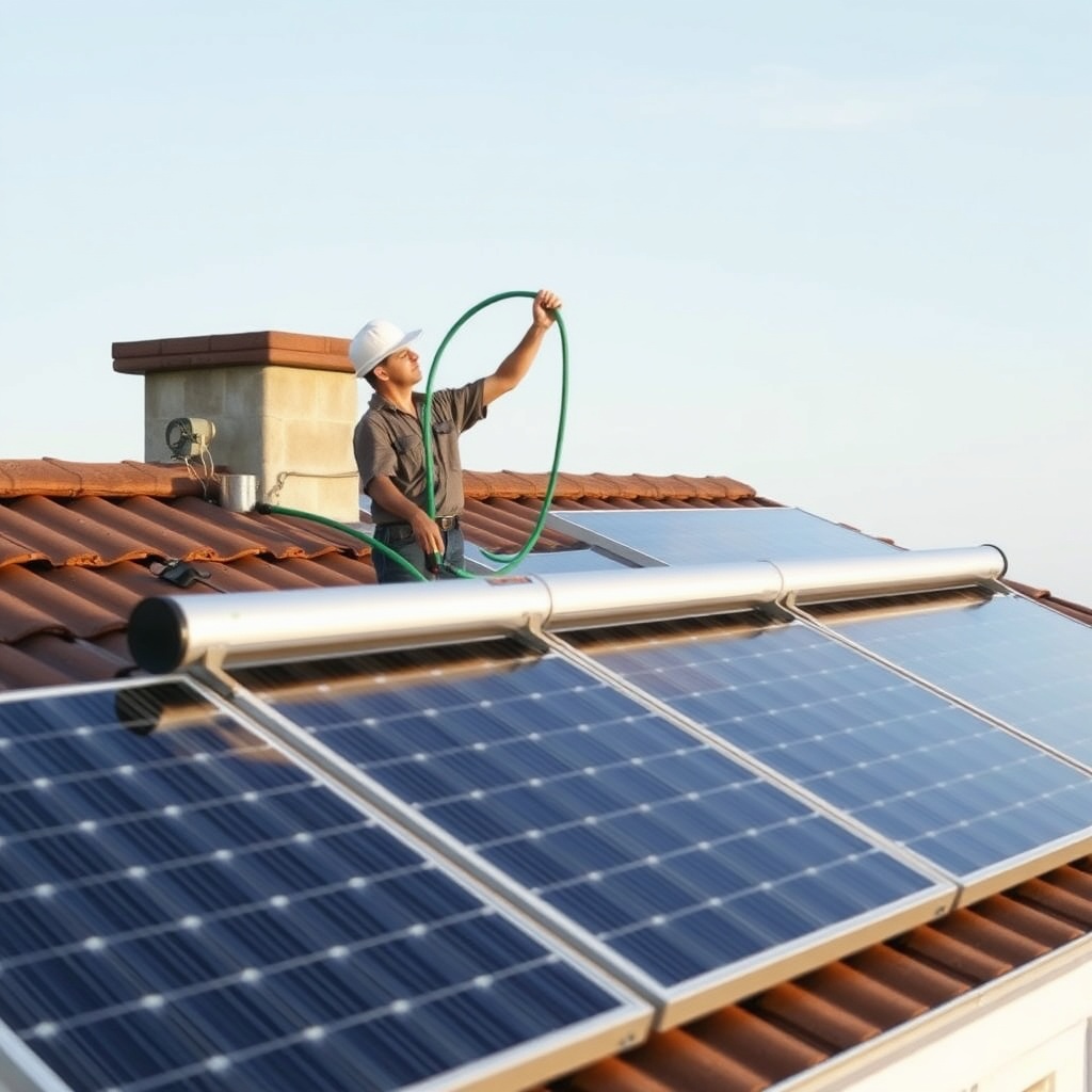 <photorealistic photo of a residential rooftop with solar pool collectors