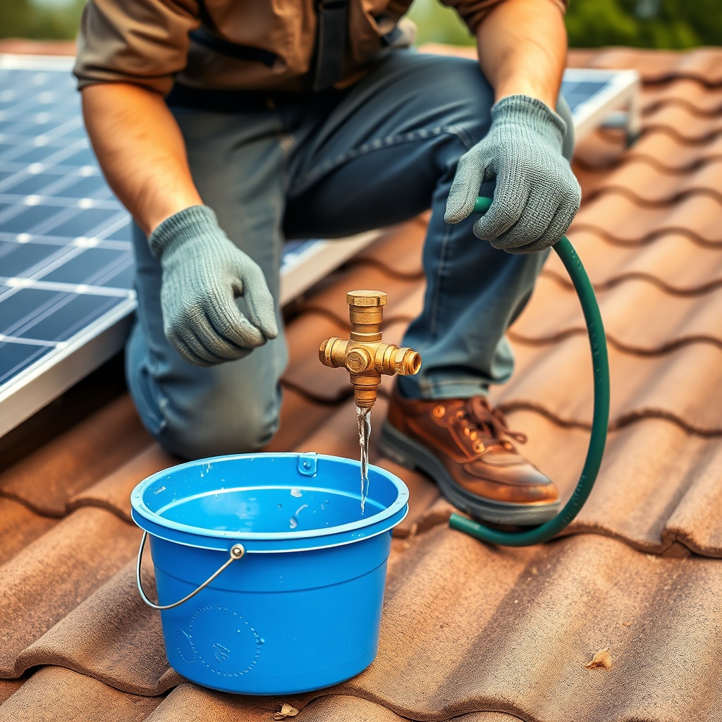 <photorealistic photo of a person kneeling on a roof by a solar collector panel