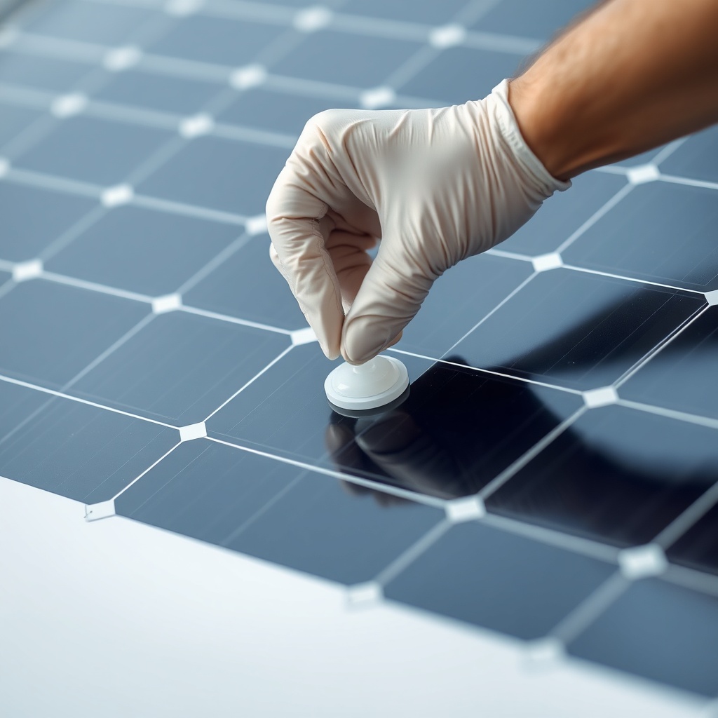 A photorealistic photo showing a technician clamping a delaminated area of a Fafco Solar B