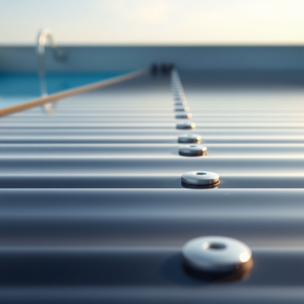 A photorealistic photo of a solar pool heater collector surface showing a row of rivets af