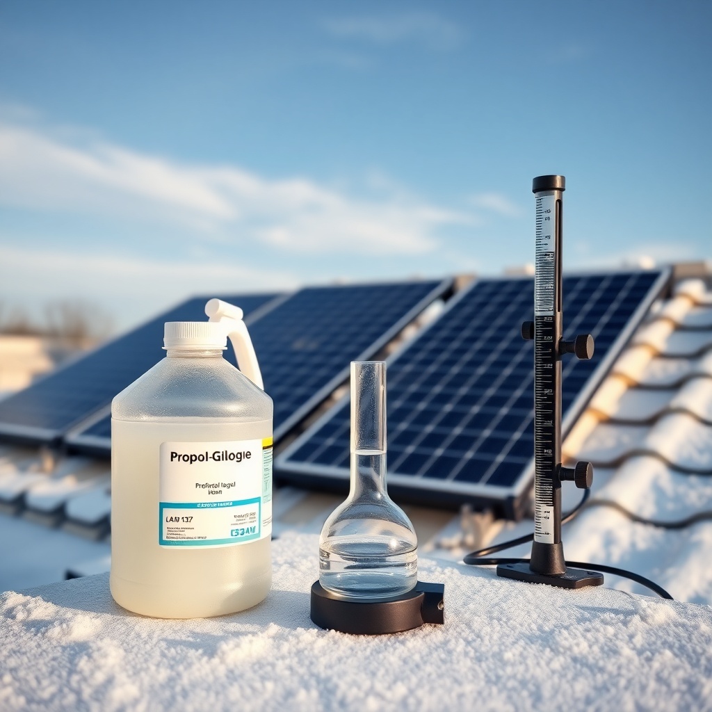 A clean photorealistic photo of a propylene glycol jug and a refractometer next to Fafco S