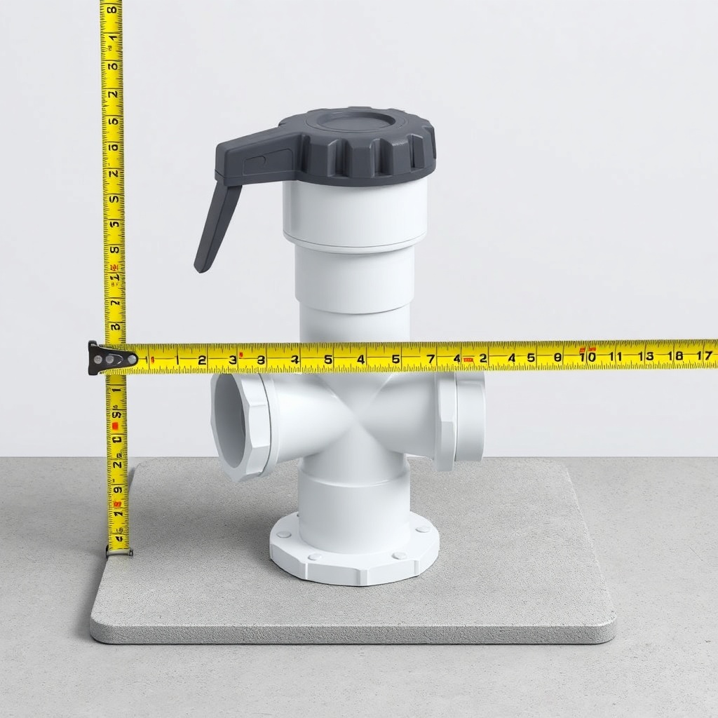 <clean photorealistic photo/illustration of a PVC diverter valve being measured with a tap