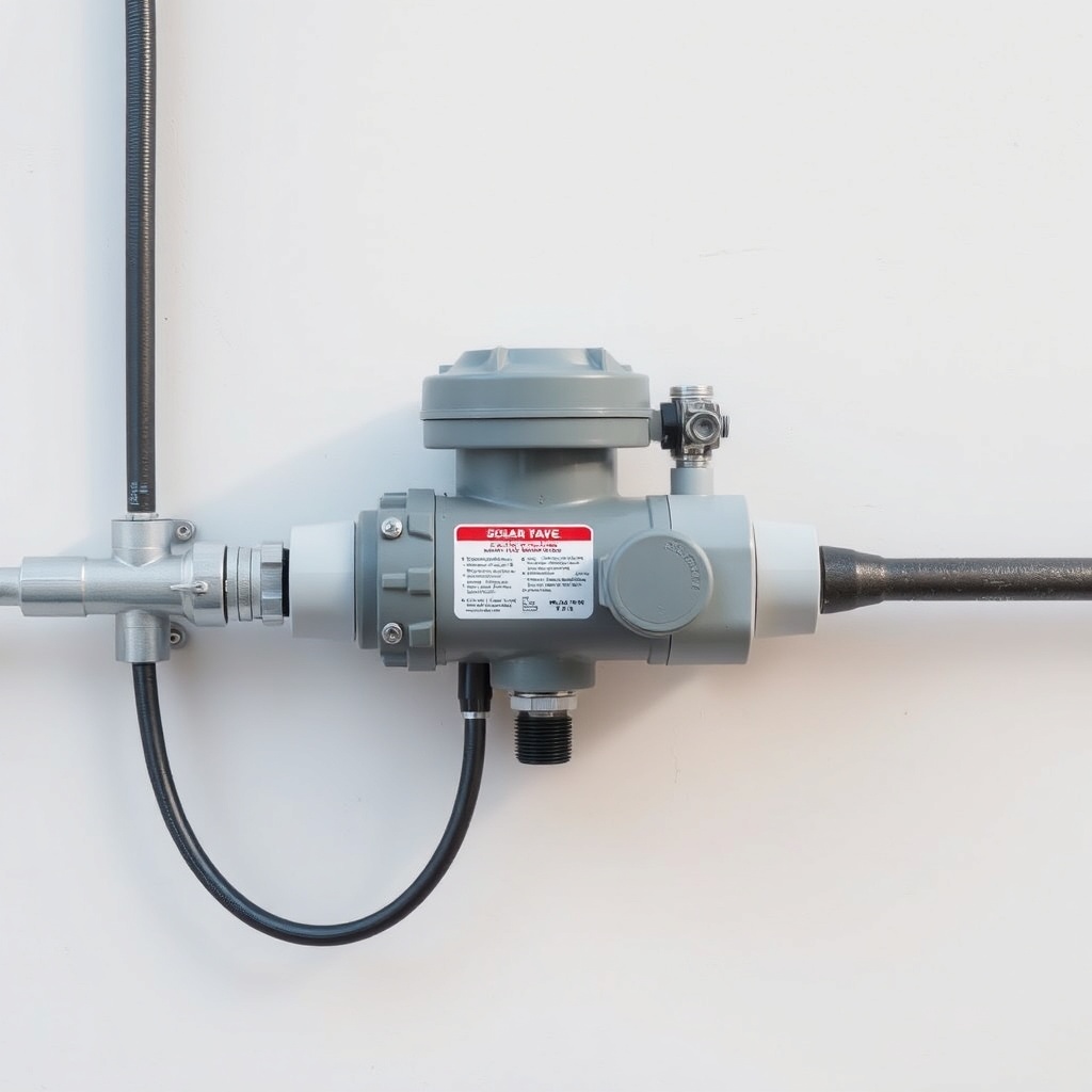 <clean photorealistic photo/illustration of a finished Fafco Solar Bear valve mounted on a