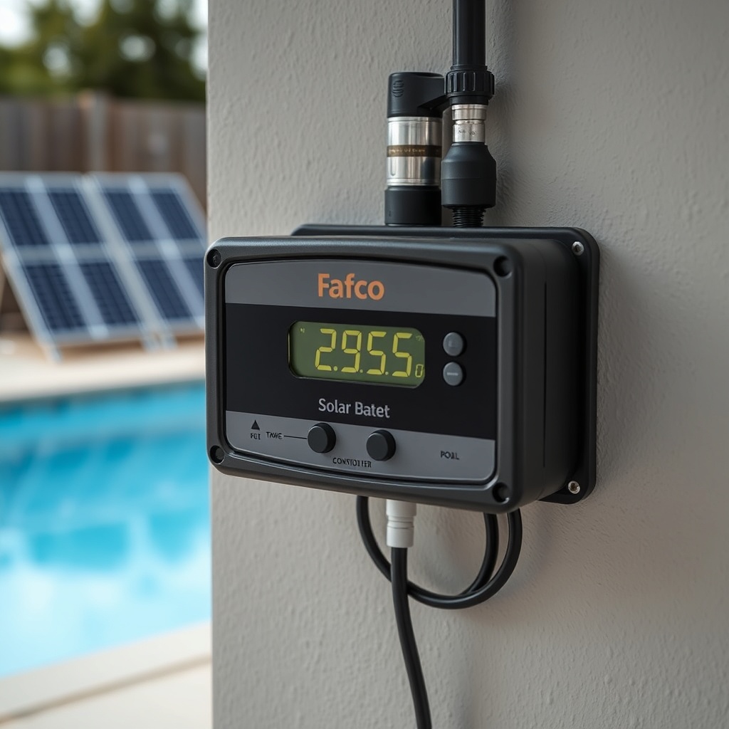 Close-up photorealistic photo of Fafco Solar Bear controller mounted on a wall near pool e