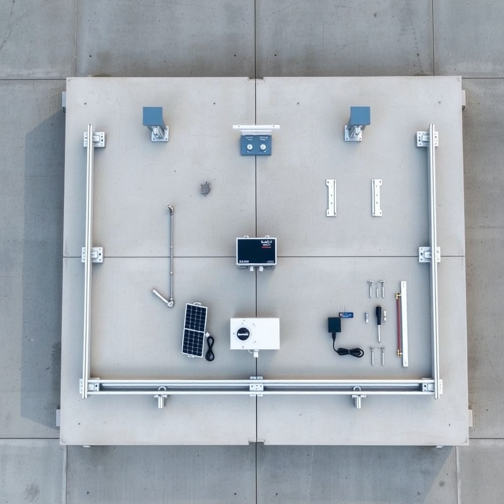 A photorealistic overhead view of a neatly laid-out Fafco Solar Bear ground mount kit on a