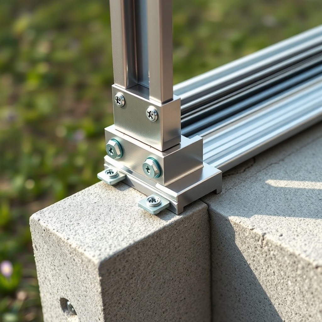 A photorealistic close-up of a stainless steel tilt bracket bolted to a concrete footer