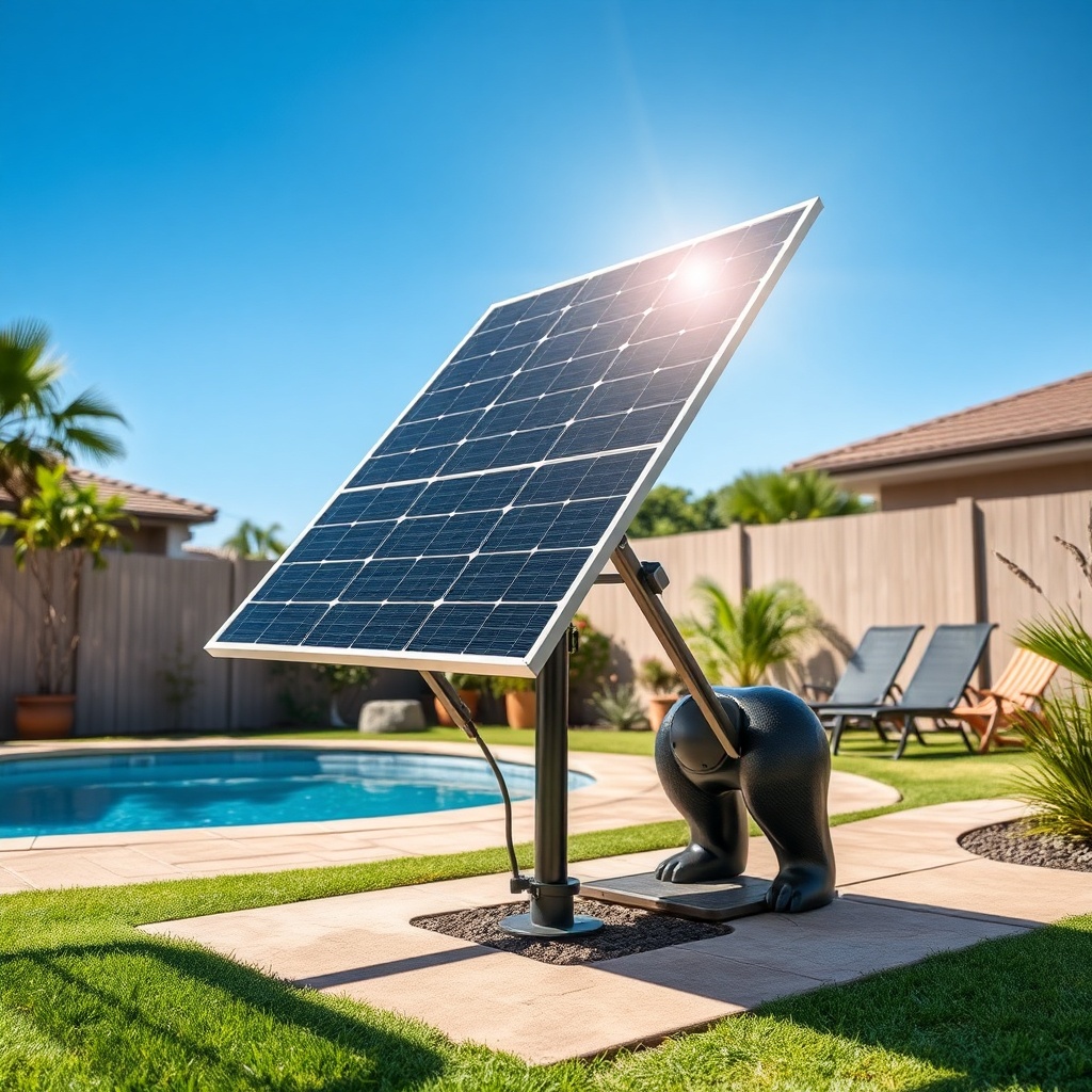 A photorealistic photo of a Fafco Solar Bear ground mount installation in a backyard