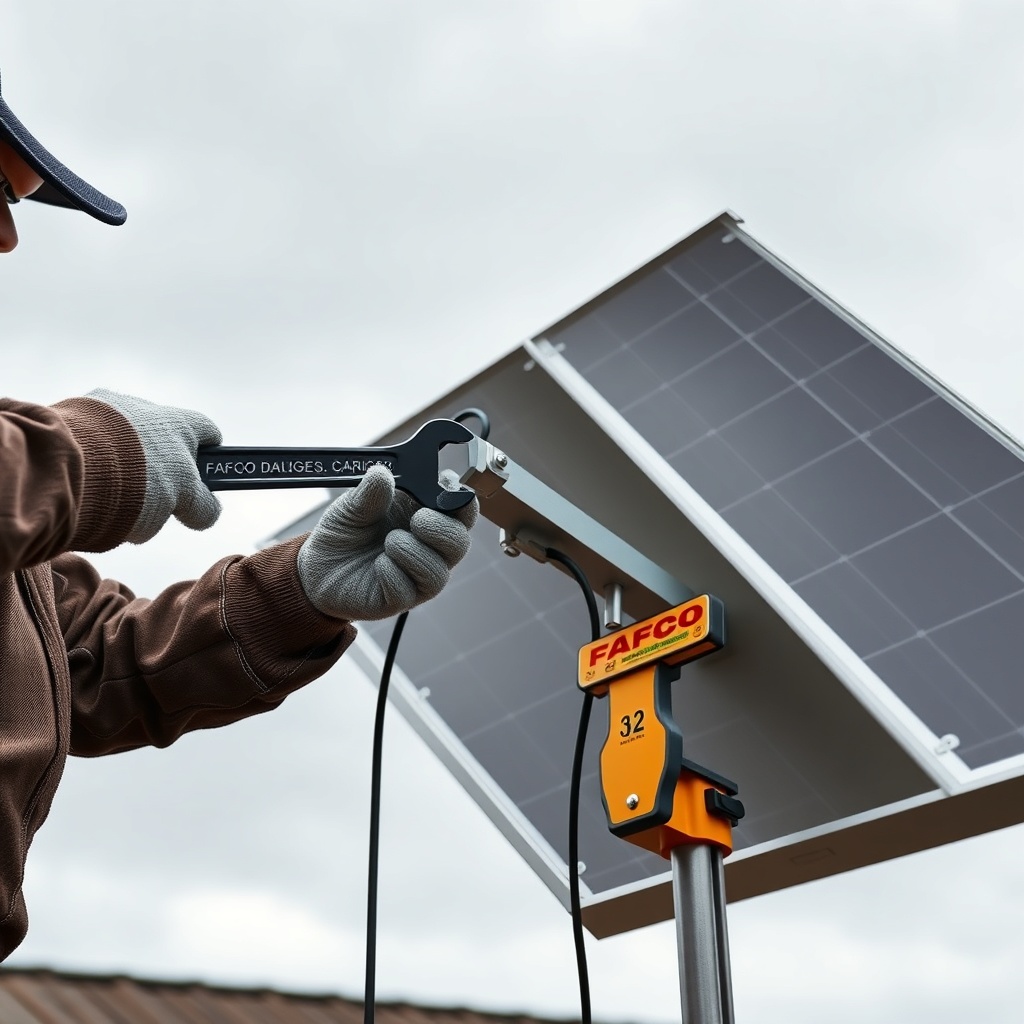 A photorealistic photo of a person adjusting the tilt bracket on a Fafco Solar Bear ground