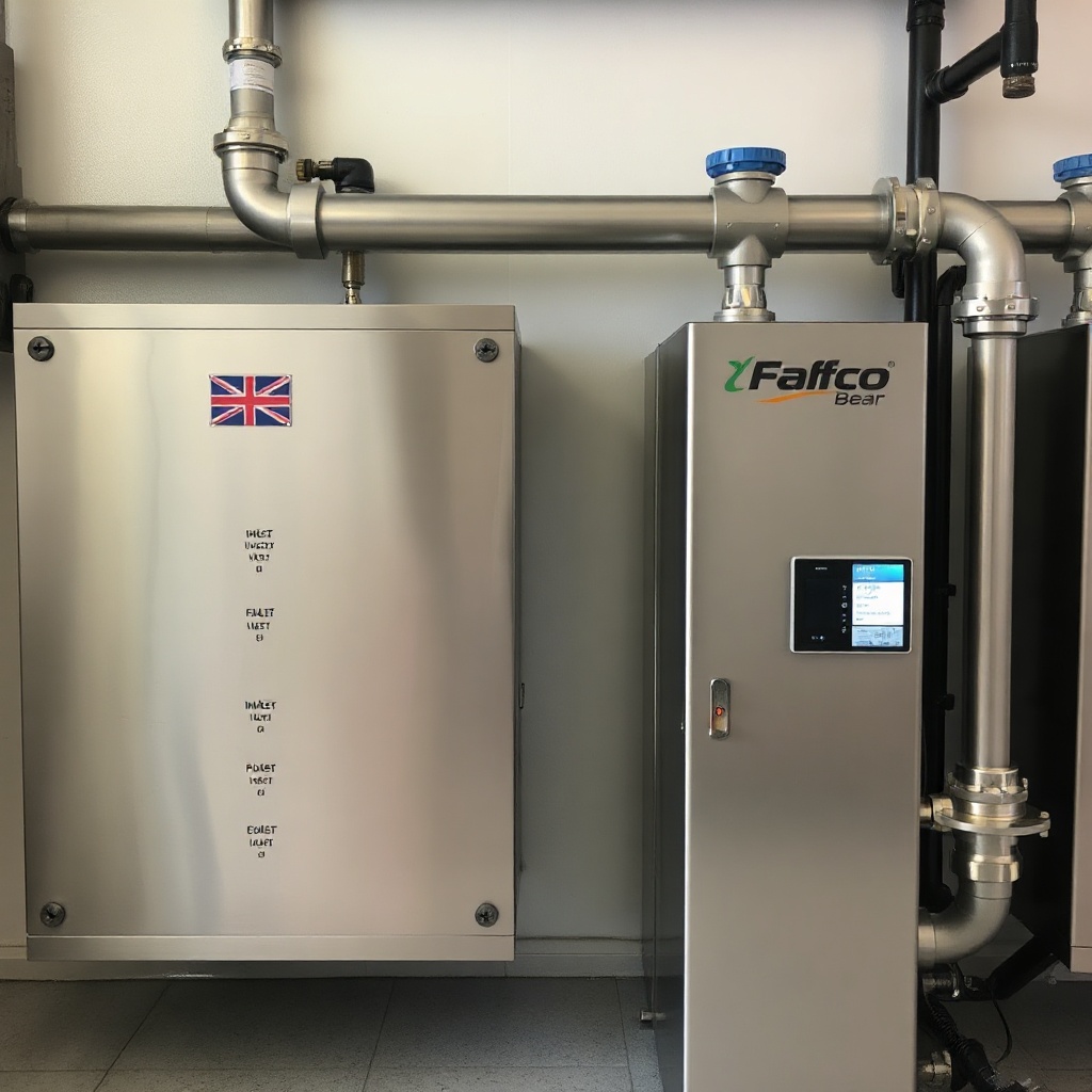 <A clean photorealistic photo of a stainless steel plate heat exchanger with labeled inlet