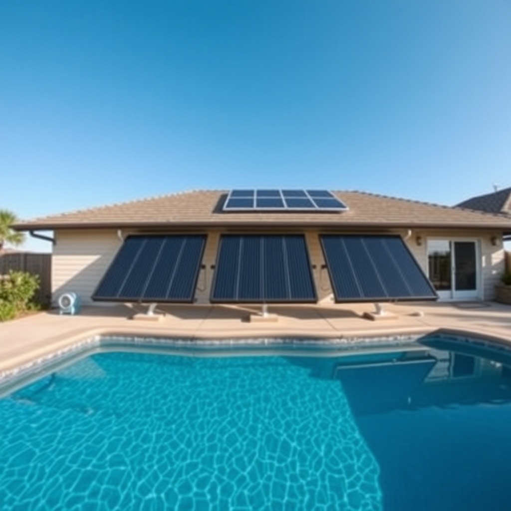 A wide-angle photorealistic photo of a residential inground pool with three Fafco Solar Be