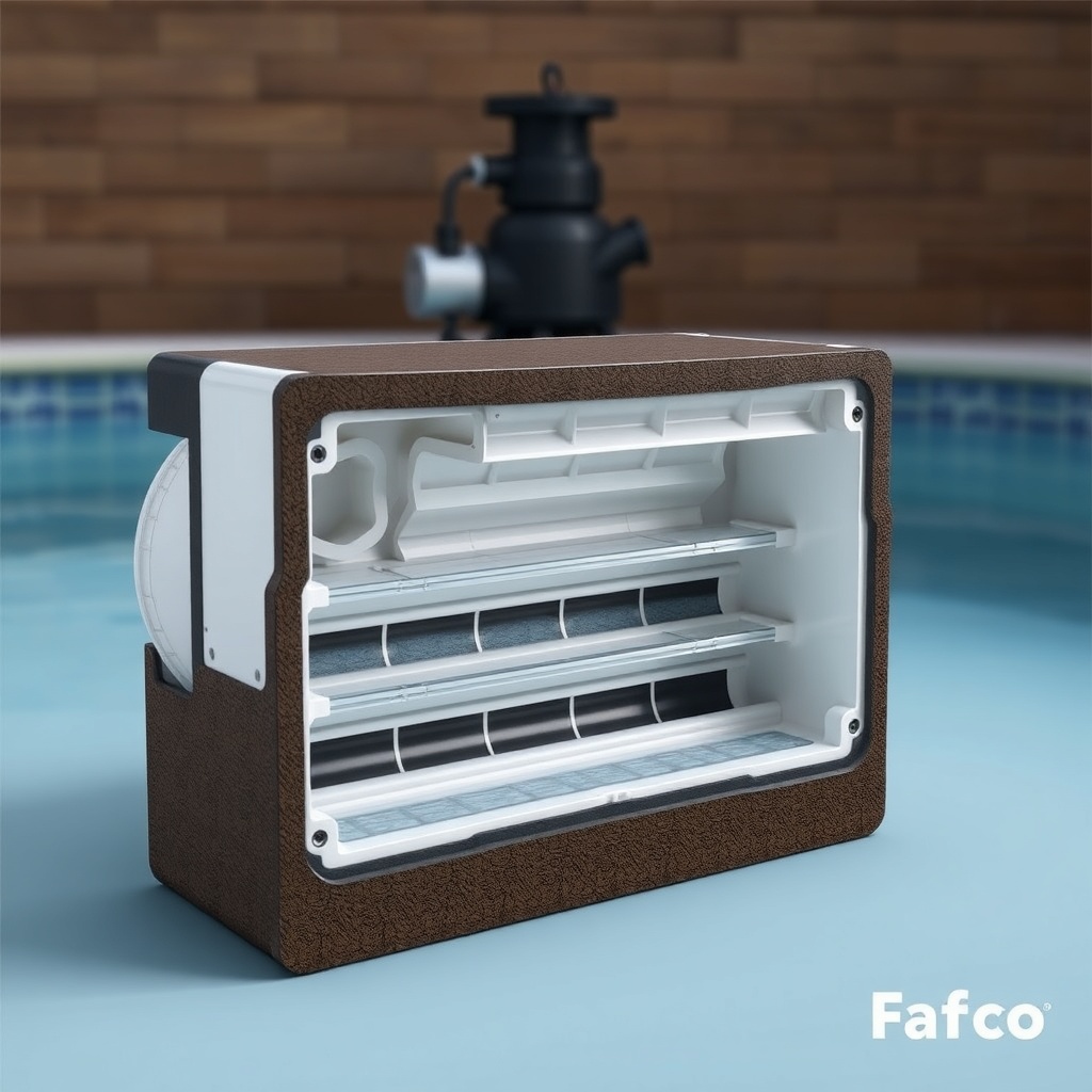 A cross-section photorealistic photo of an Fafco Solar Bear panel showing internal water c