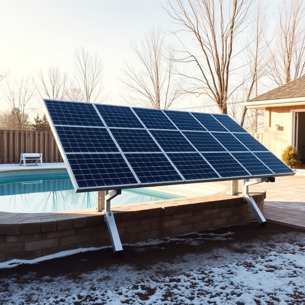 A photorealistic photo of a Fafco Solar Bear panel array on adjustable aluminum racks with