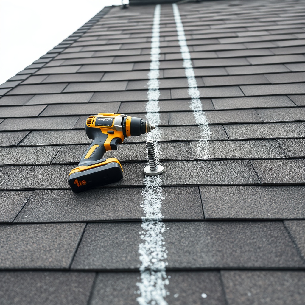 A close-up photorealistic edge-on view of a residential asphalt shingle roof with two chal