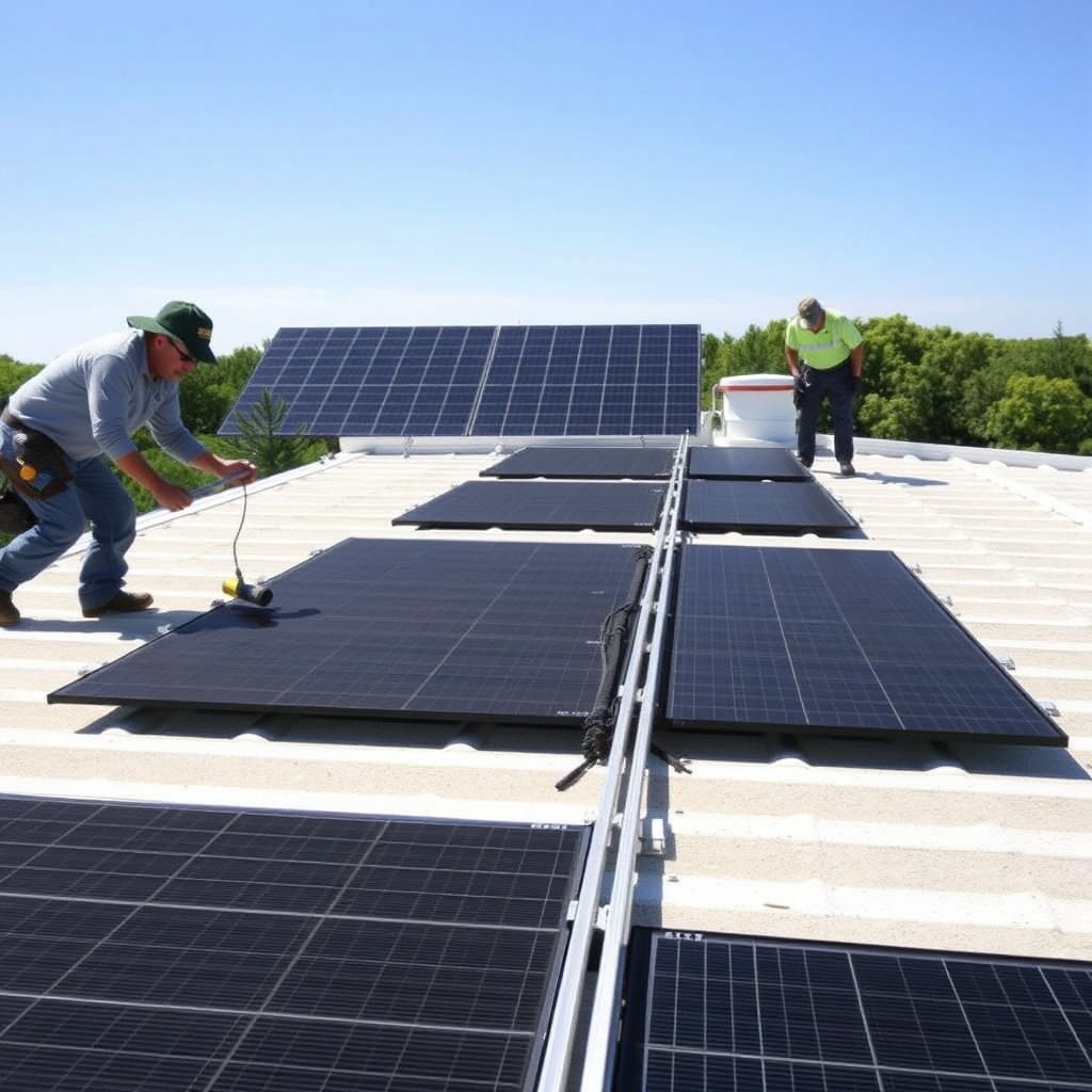 A wide photorealistic shot showing two Fafco Solar Bear black thin mats being slid between