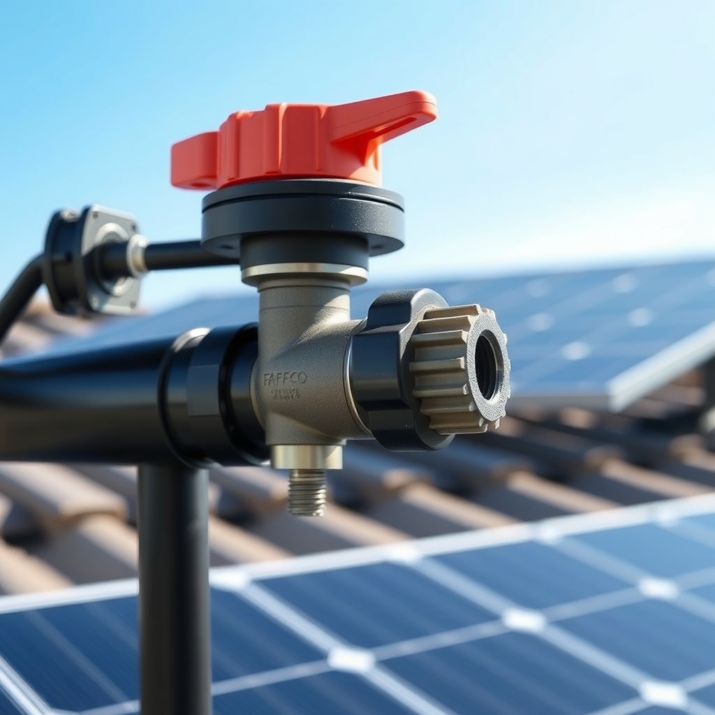 A photorealistic close-up of a Fafco Solar Bear vacuum break valve installed on a black po