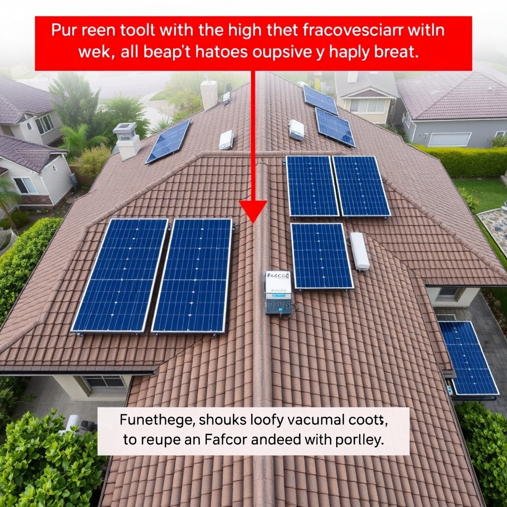 A photorealistic wide-angle view of a residential rooftop with multiple Fafco Solar Bear p