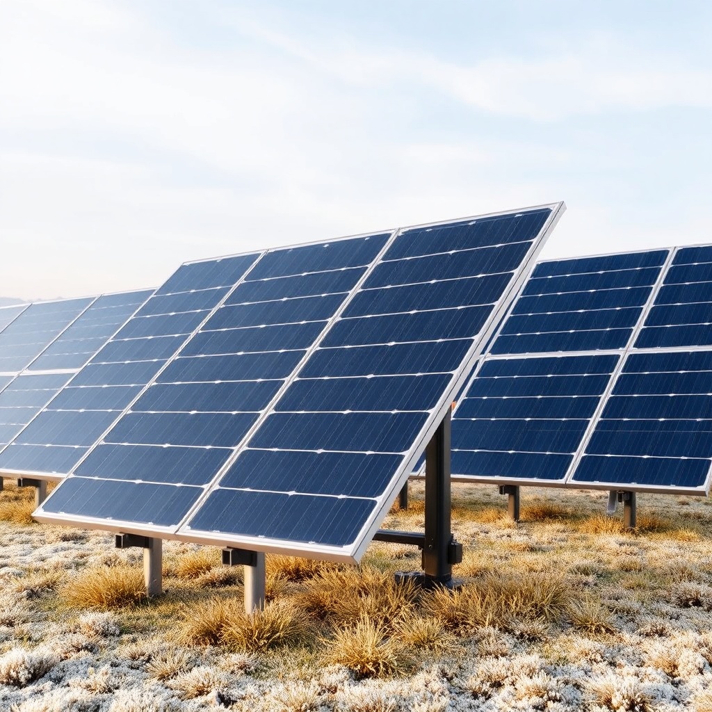 A clear photorealistic photo of a Fafco Solar Bear panel array on a ground mount