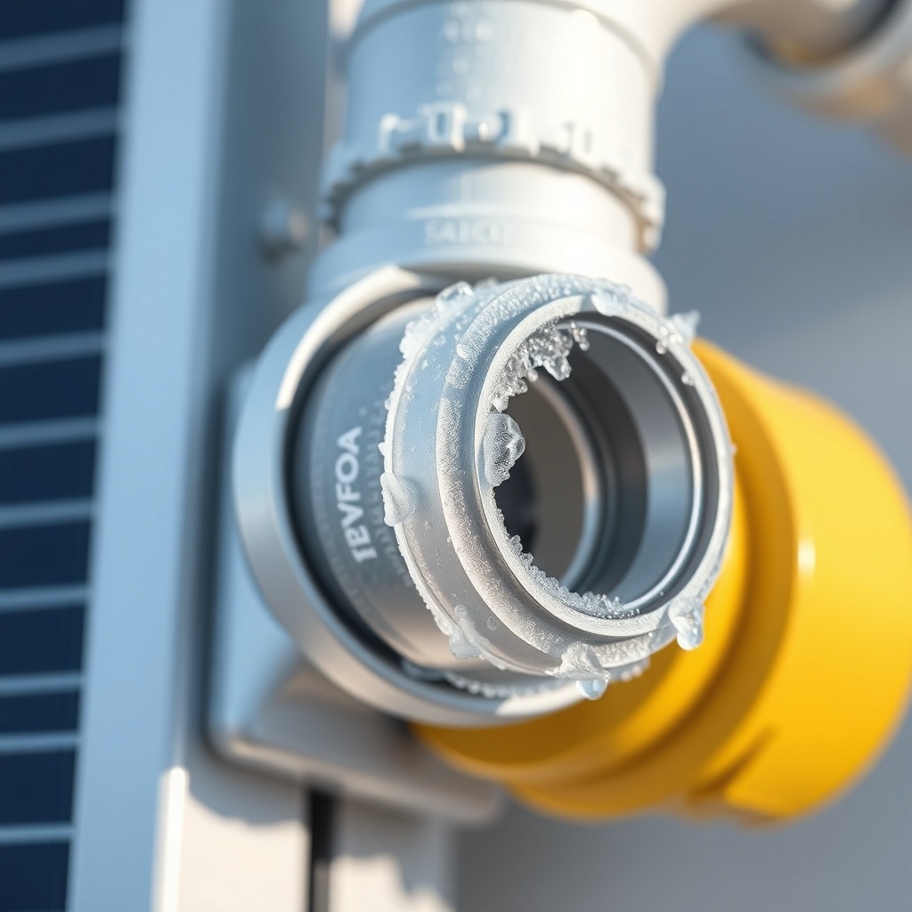 A clean photorealistic close-up of a Fafco Solar Bear panel’s header and vacuum break devi