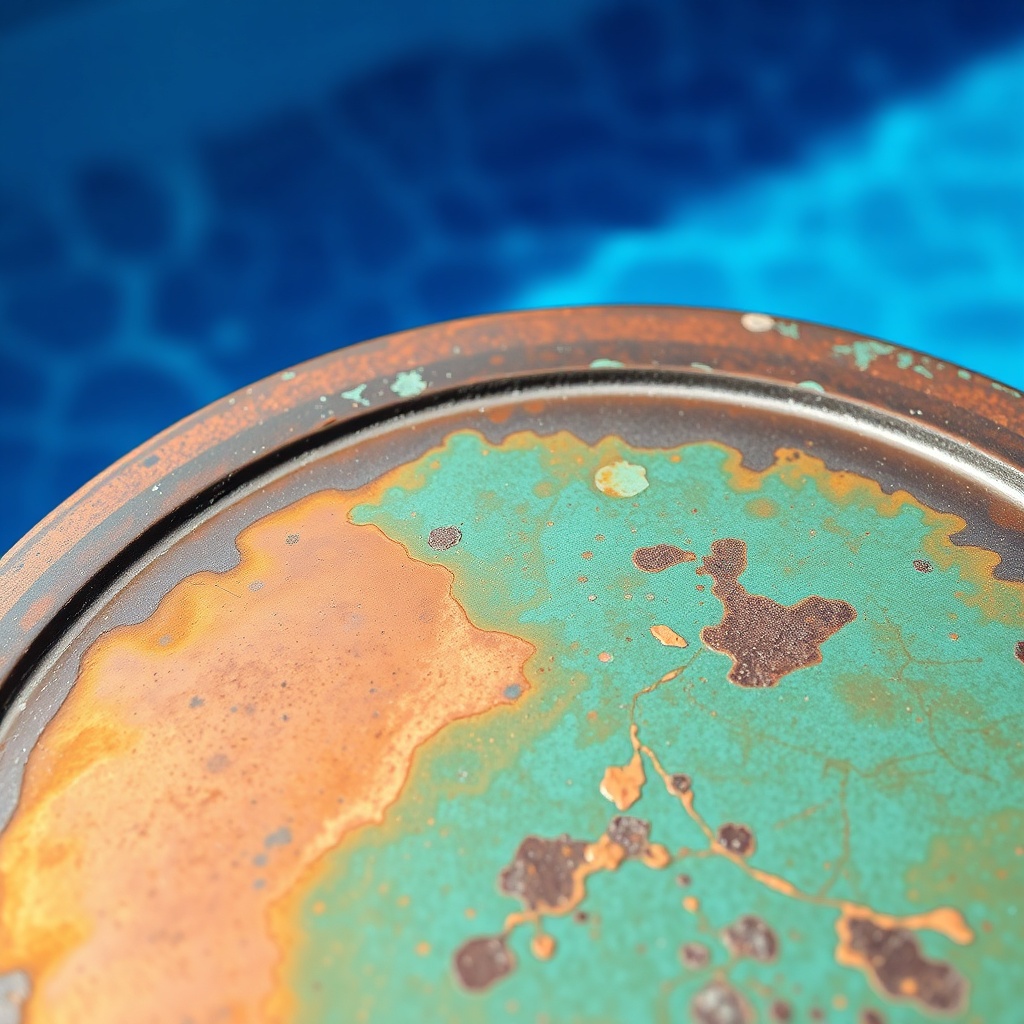 A clean photorealistic close-up of a corroded copper absorber plate with green patina and