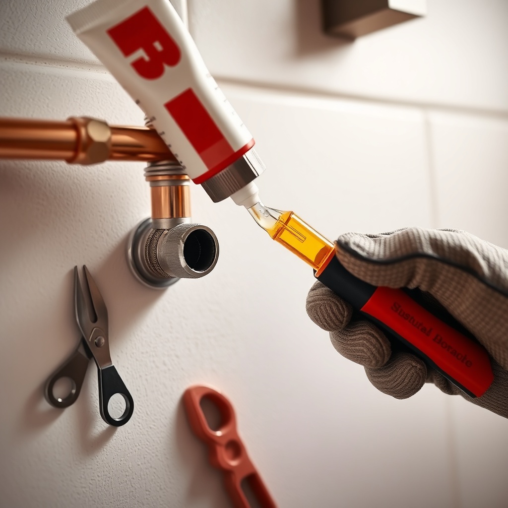 A clean photorealistic photo of a homeowner applying epoxy to a copper tube with a small p