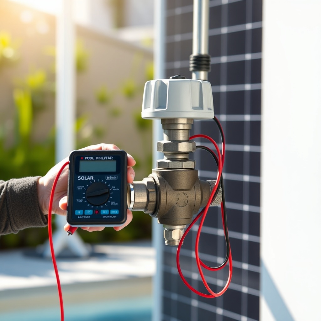<photorealistic photo showing a solar pool heater diverter valve actuator with a technicia