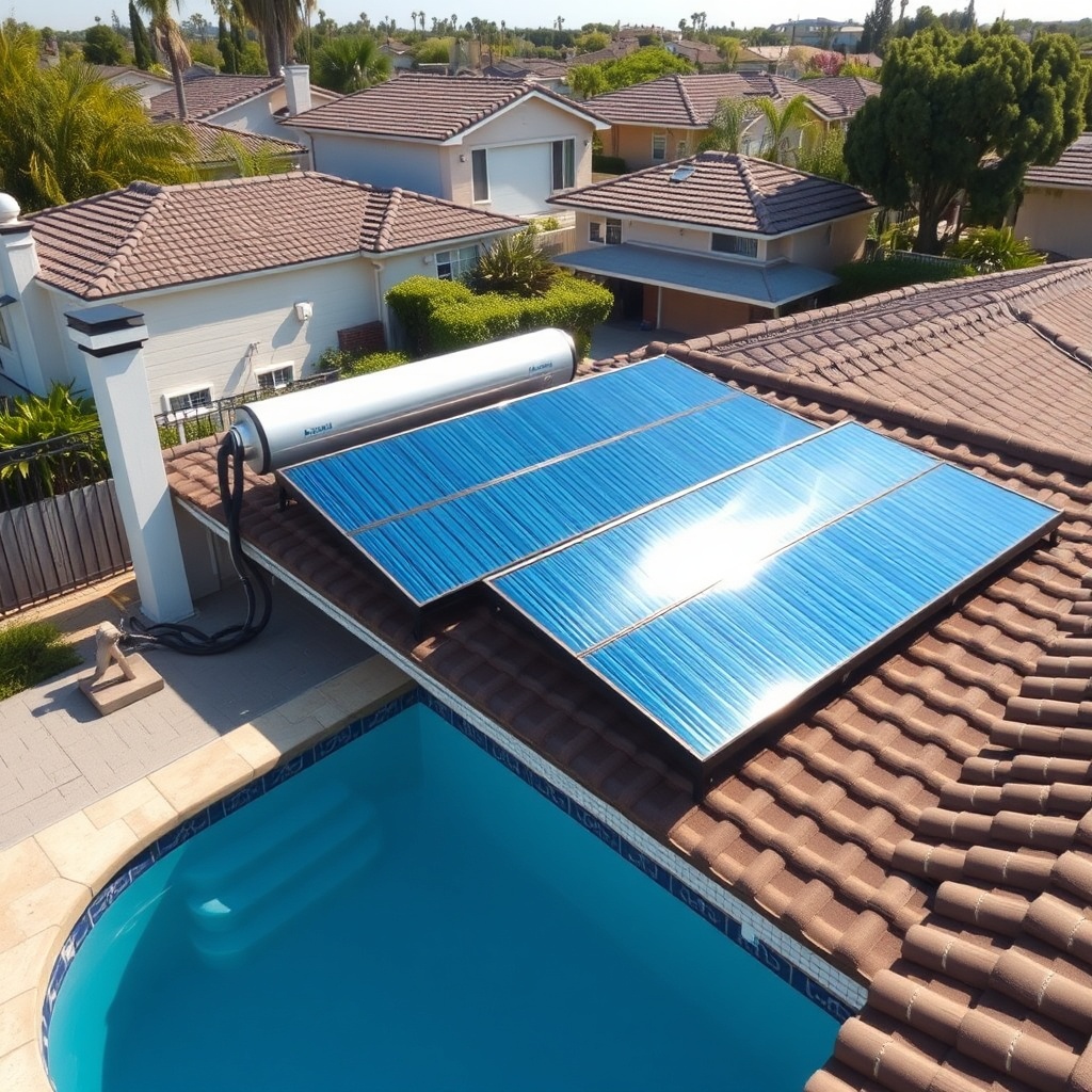 A photorealistic wide-angle shot of a Generic solar pool heater installation on a suburban