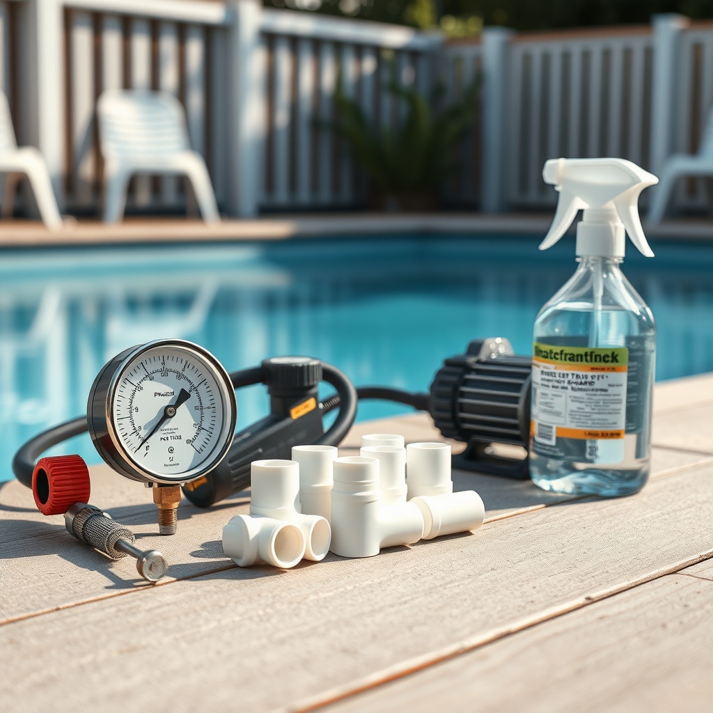 A clean photorealistic photo of a DIY toolkit on a pool deck