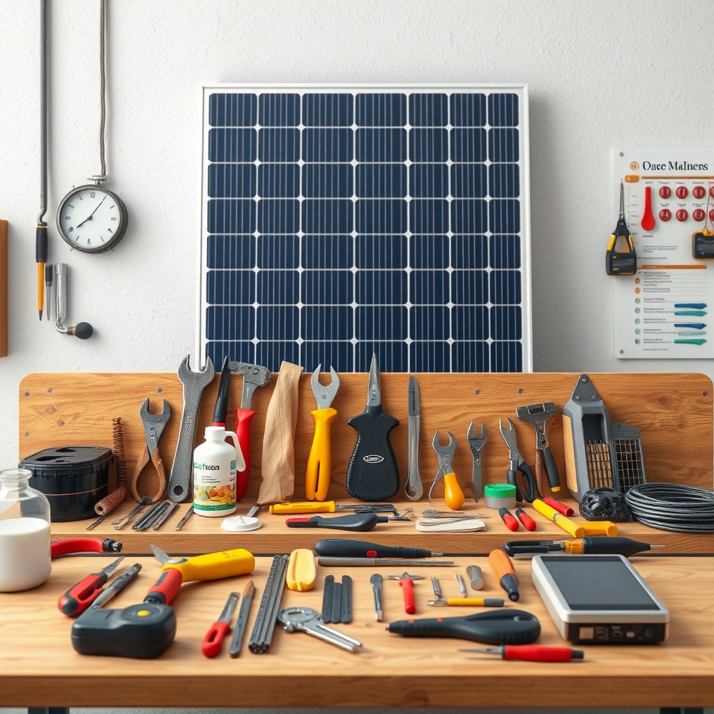 <clean photorealistic photo of all tools and materials neatly laid out on a workbench with