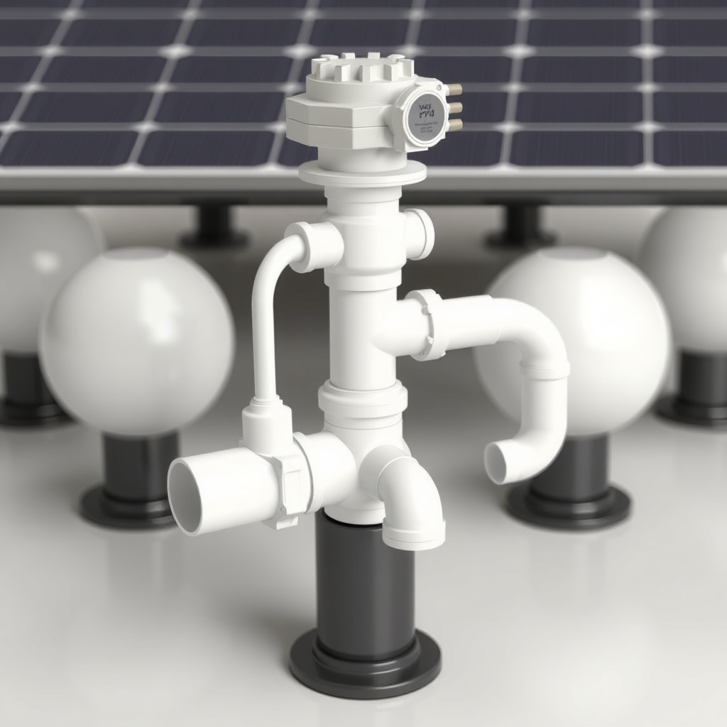 <clean photorealistic photo of a fully assembled Generic ground mount array with PVC plumb