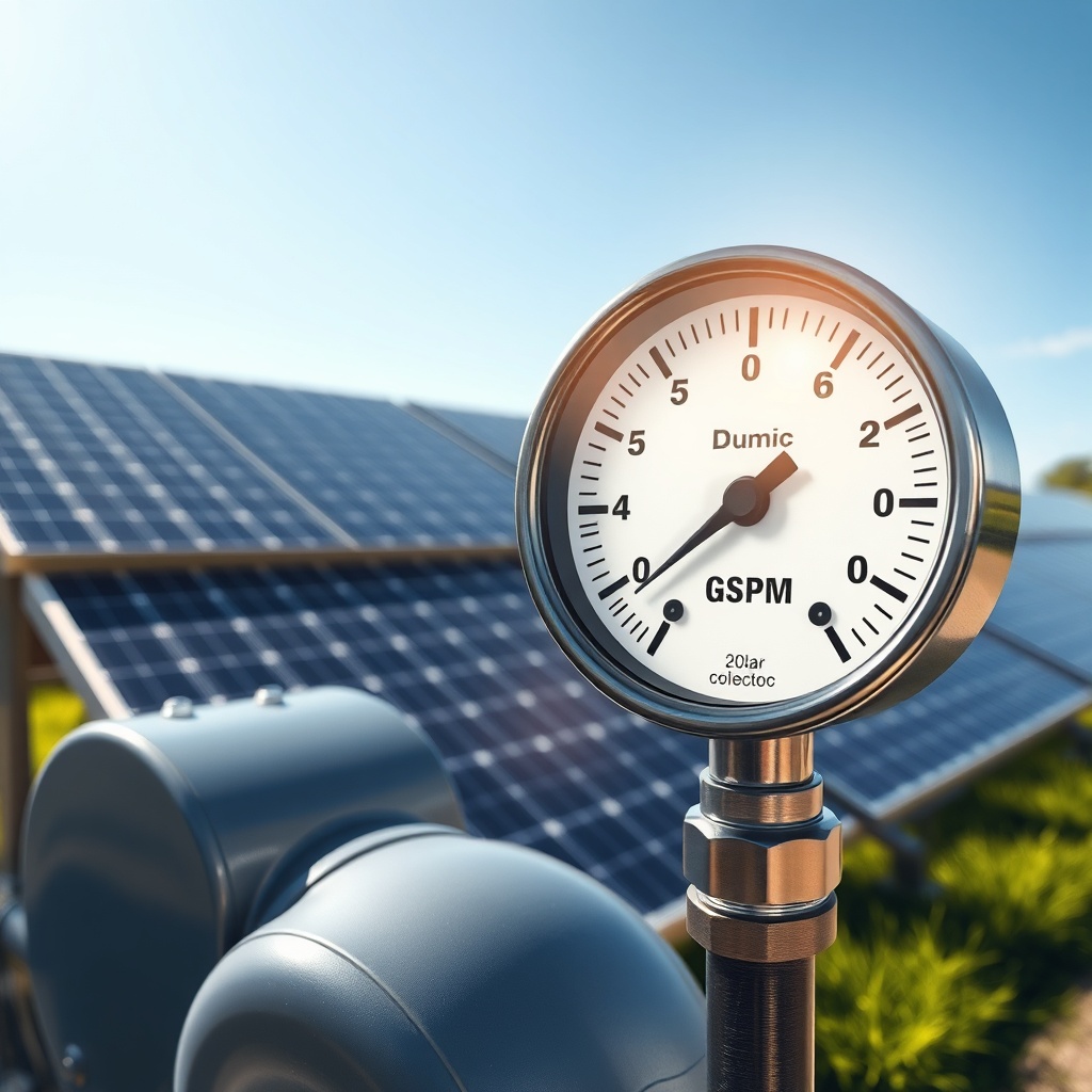 <clean photorealistic photo illustration showing a pump gauge displaying 45 GPM connected