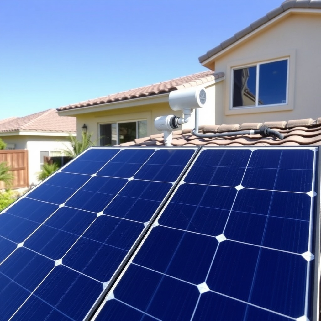 A photorealistic photo of a residential backyard with a Fafco Solar Bear panel array mount