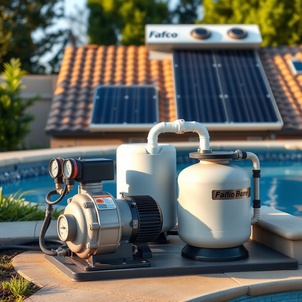 A photorealistic photo of a pool pump and filter system near an equipment pad
