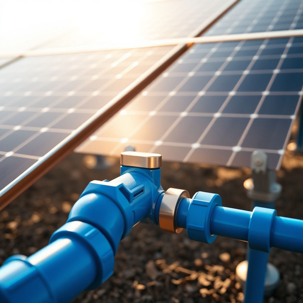 A close-up photorealistic photo showing copper Heliocol solar panels on a ground mount wit