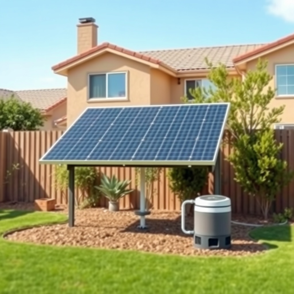 A photorealistic wide-angle photo of a residential backyard with a Heliocol solar array mo