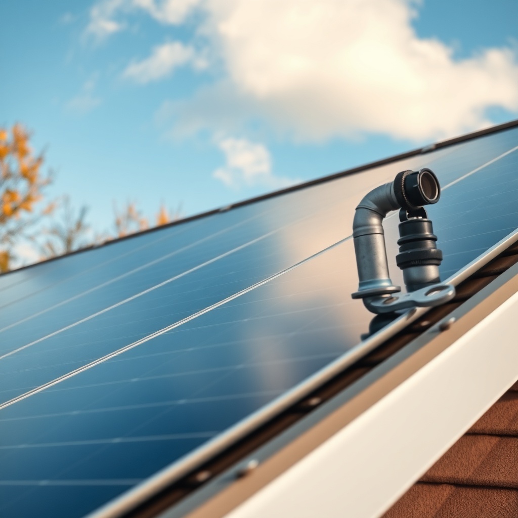 A photorealistic view of a Heliocol solar panel array on a residential roof in late autumn
