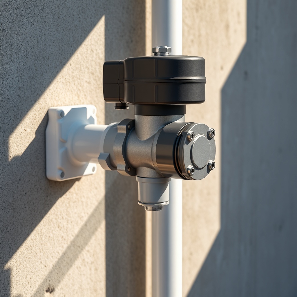 Close-up photorealistic photo of a Heliocol automatic diverter valve mounted on a vertical