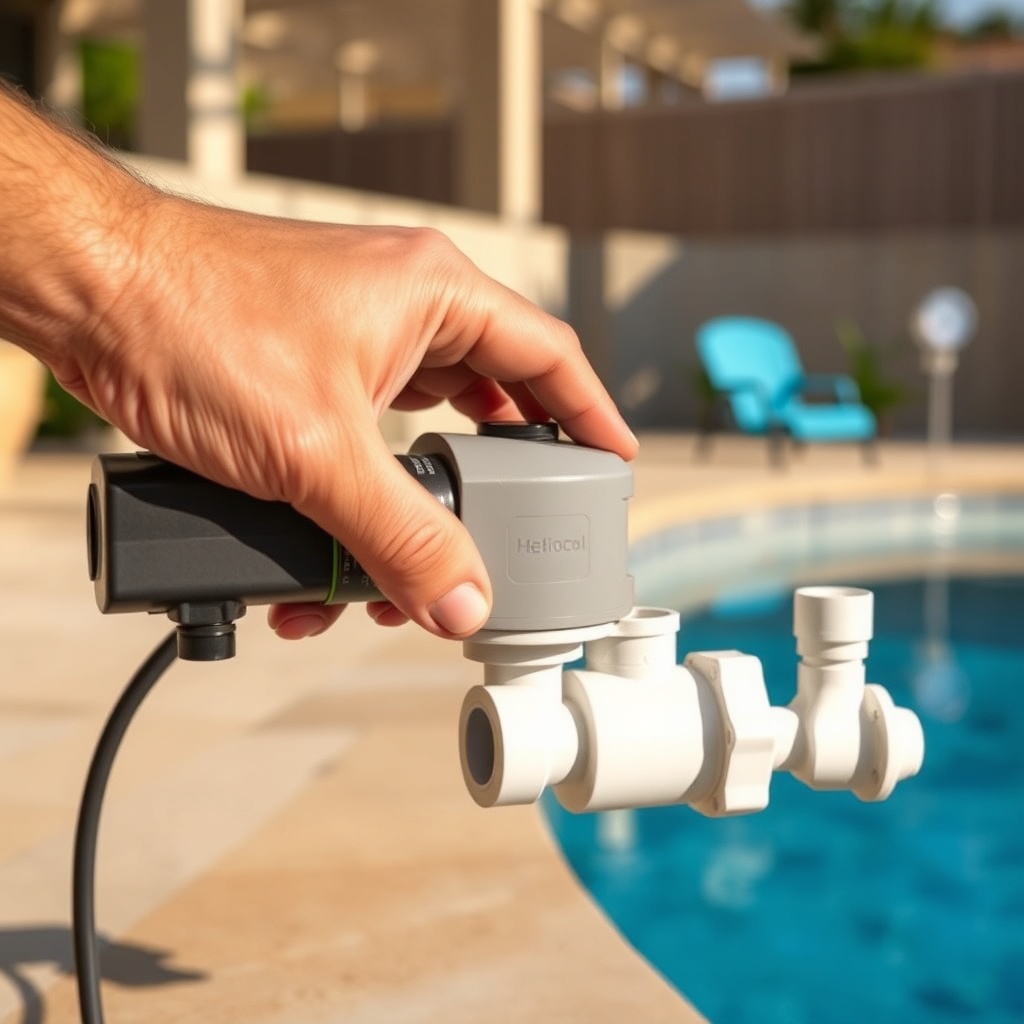 Photorealistic photo of a homeowner’s hand adjusting a Heliocol automatic diverter valve a