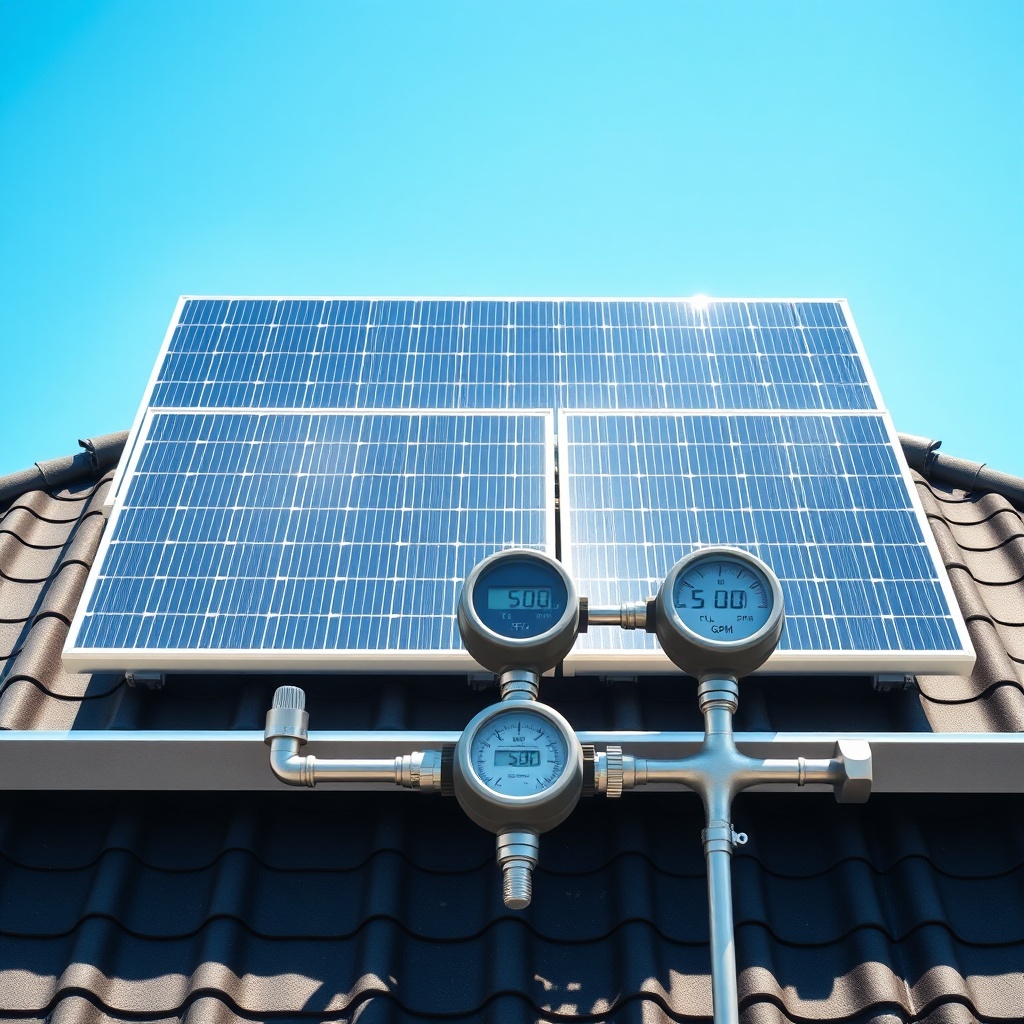 A photorealistic top-down shot of four Heliocol solar panels on a sloped roof