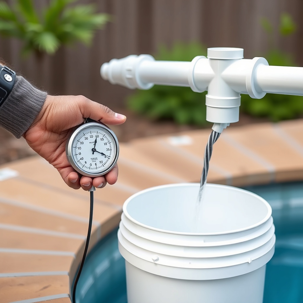 A photorealistic outdoor shot of a pool owner using a stopwatch to measure water flow from