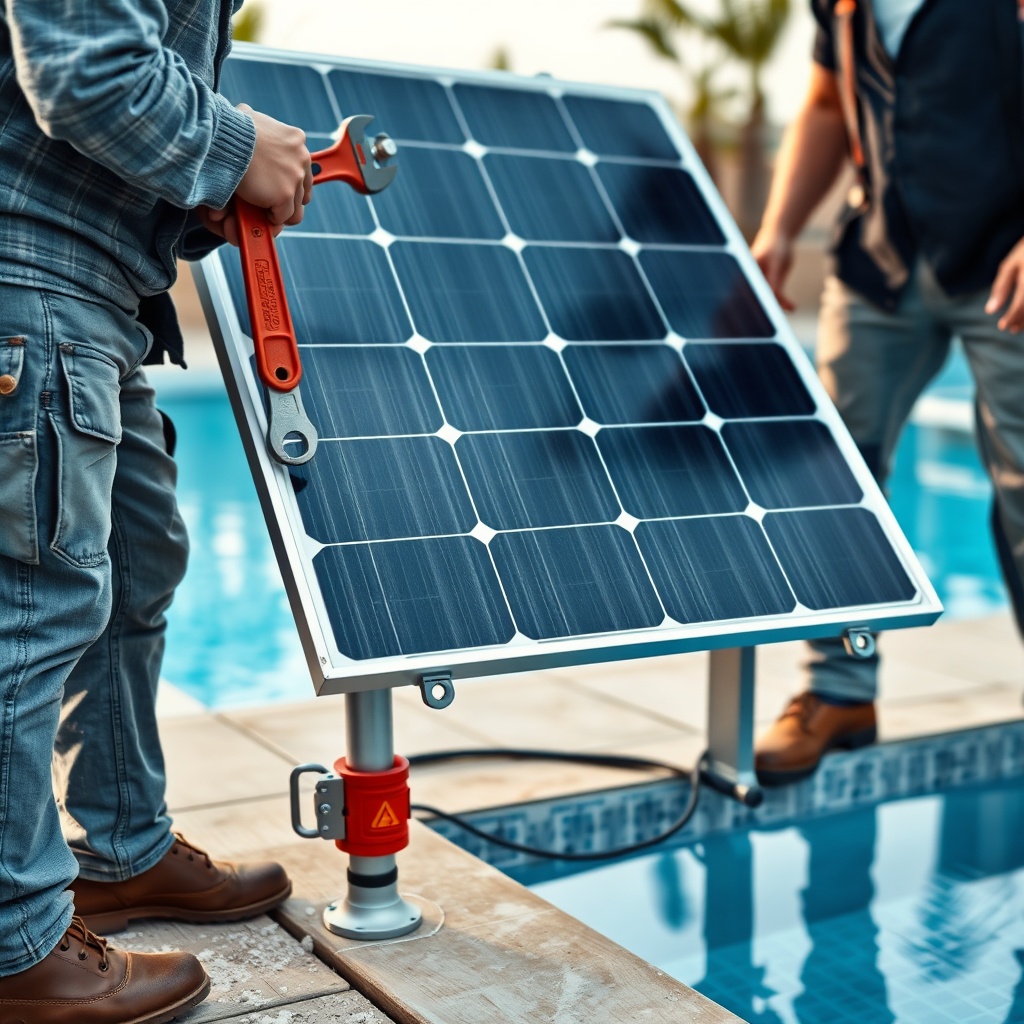 A clean photorealistic photo of construction workers securing a Heliocol solar panel onto