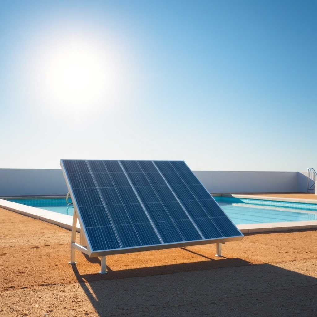<A photorealistic ground-mounted Heliocol solar pool heater array tilted at 30° under brig