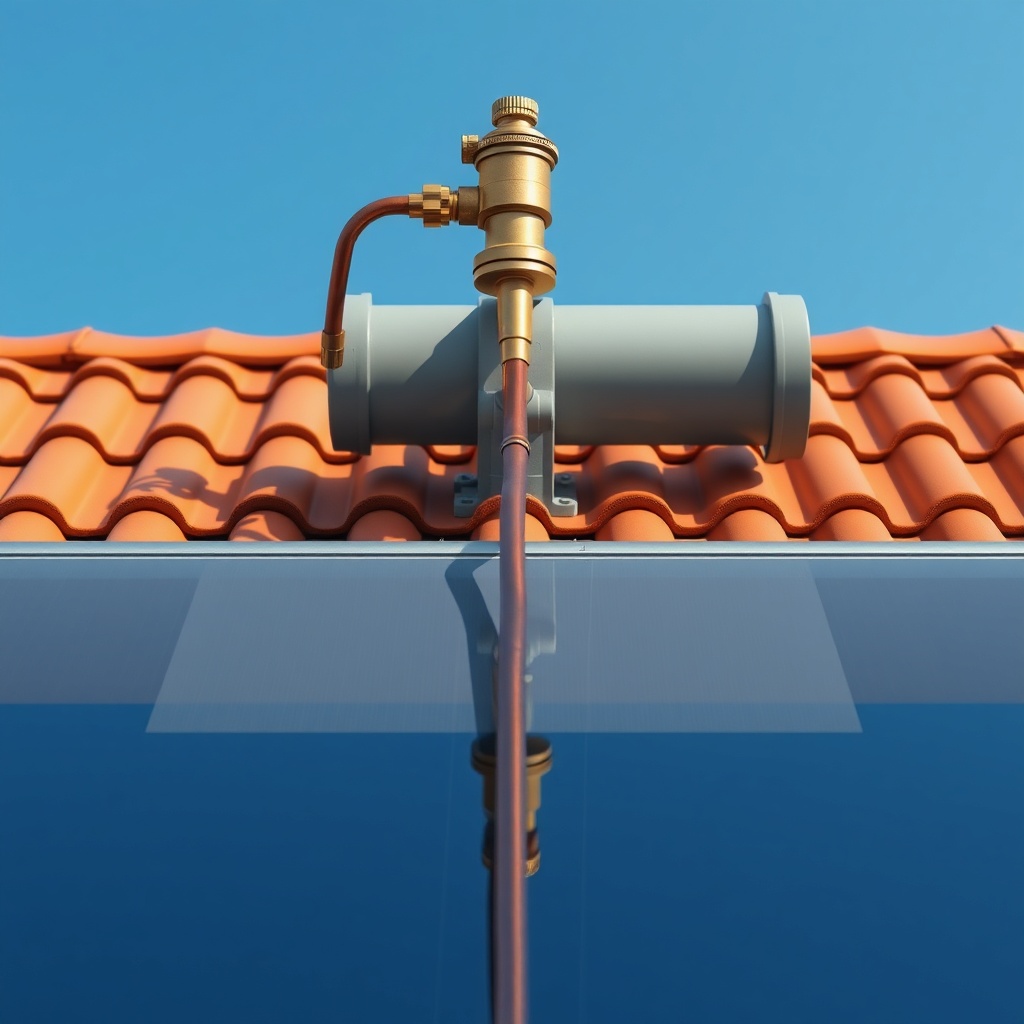 A clean photorealistic overhead view of grey Heliocol solar collectors on a terracotta til