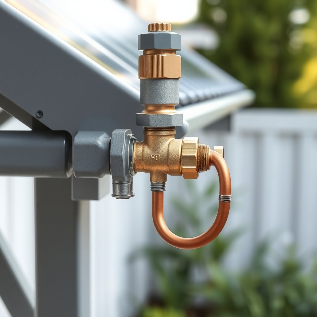 A clean photorealistic side-angle photo of a brass pressure relief valve mounted on a grey