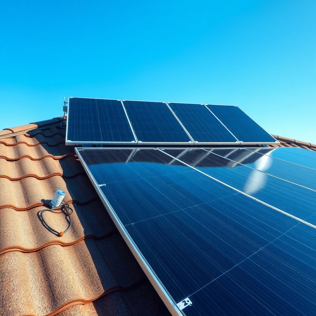 Wide-angle shot of a residential home roof with Heliocol solar pool heater panels mounted