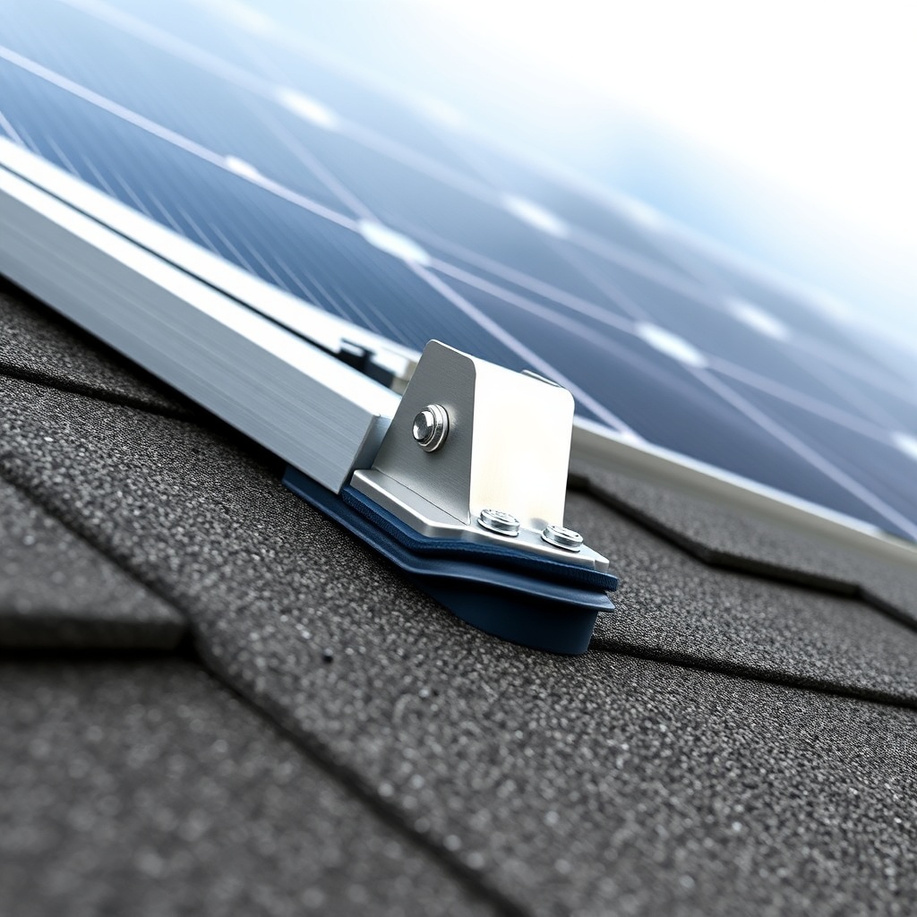 Close-up view of a Heliocol solar panel clip mount attached to a shingle roof