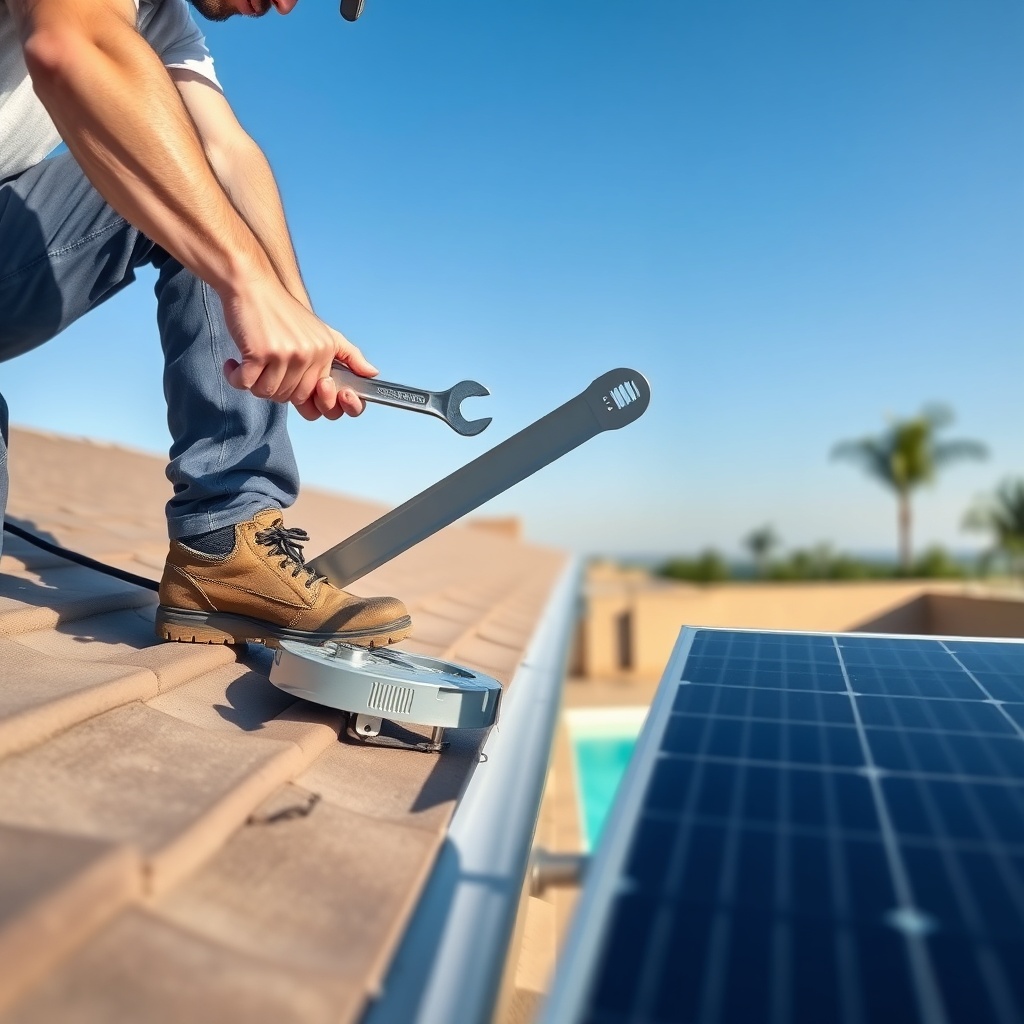 A clean photorealistic photo of a homeowner on a roof adjusting a Heliocol panel bracket w