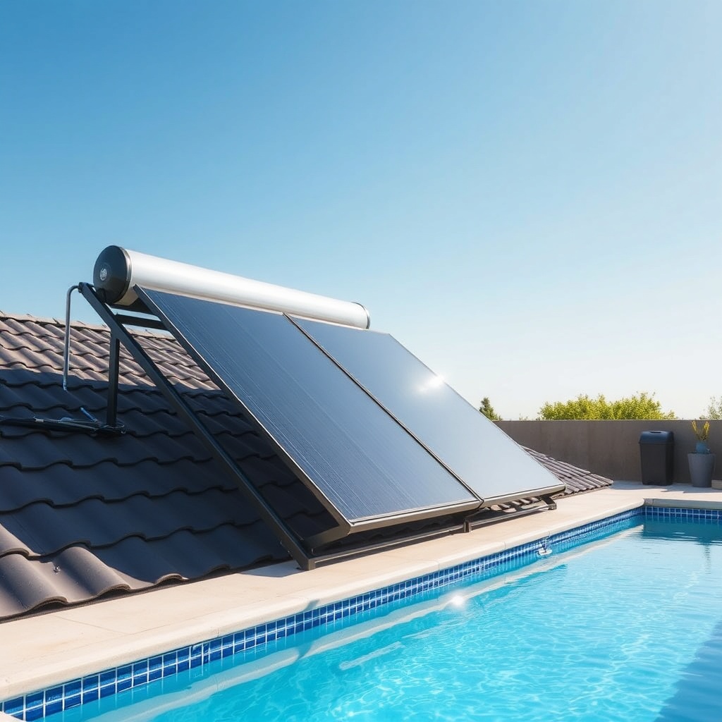 <A photorealistic photo of a Heliocol solar pool heater array mounted on a low-slope roof