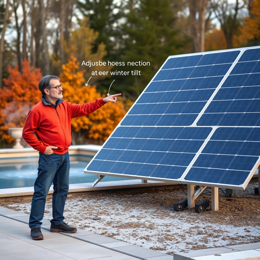 <A photorealistic image of a homeowner standing beside a ground-mounted Heliocol solar arr