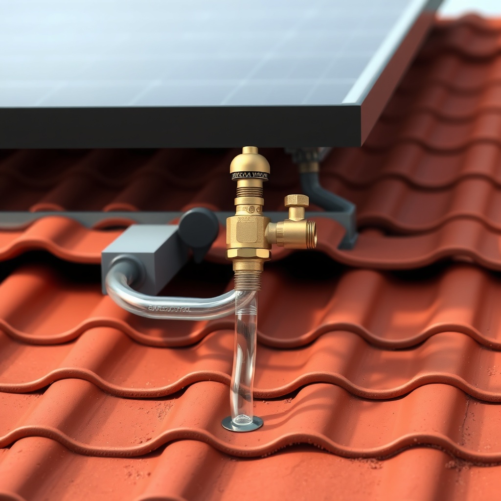 A clean photorealistic photo of a small brass vacuum break valve installed near the top he