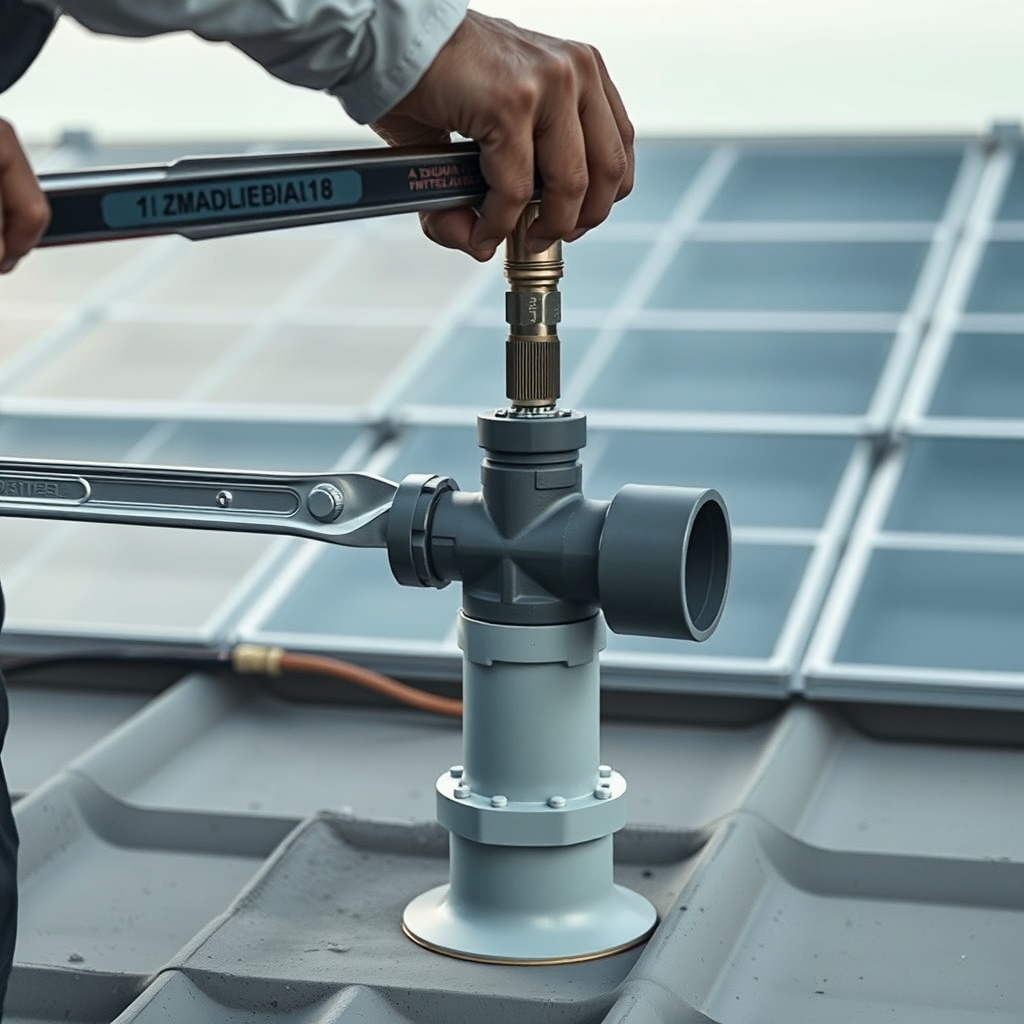 A clean photorealistic photo of a worker using an adjustable wrench to tighten a vacuum br